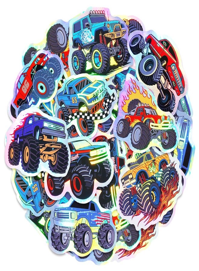Cleverplay 50 Pack Holographic Monster Truck Stickers, Monster Truck Party Favors, Birthday Decorations - Image 1